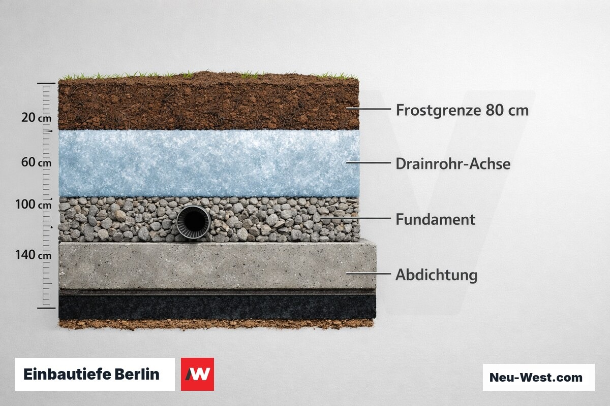 Einbautiefe Berlin: Frostgrenze 80 cm und Konfliktzone am Fundament – Erklär-Grafik (NEUWEST Berlin)