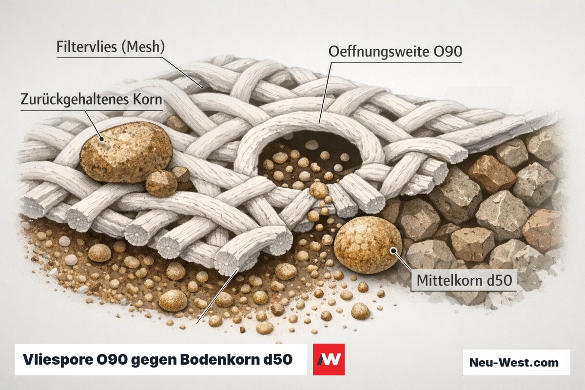 Vergrößerter Querschnitt eines Filtervlieses: feine Sandkörner passieren die Öffnungsweite O90, größere Körner werden zurückgehalten.