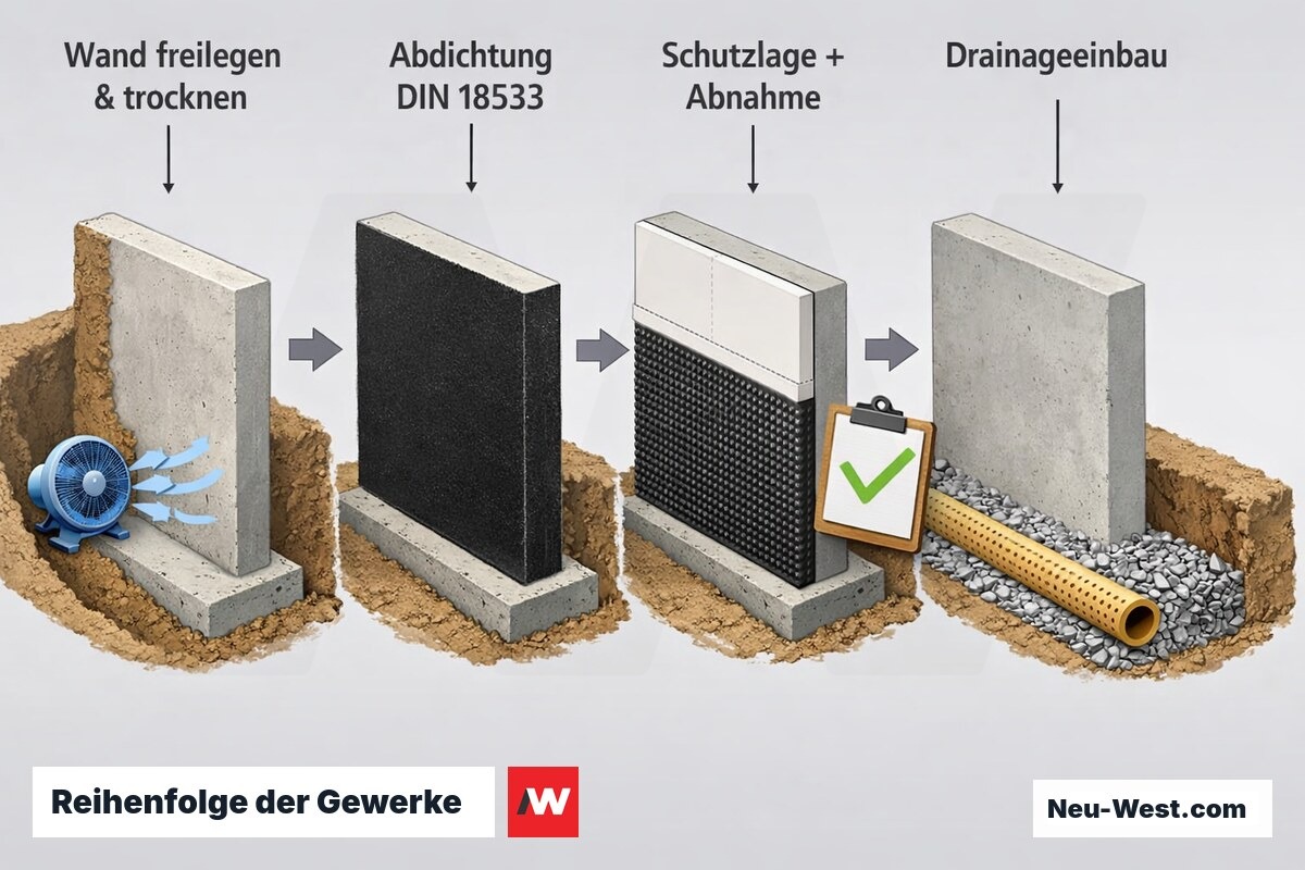 Prozess-Grafik: Wand freilegen und trocknen, Abdichtung nach DIN 18533, Schutzlage mit Abnahme-Protokoll, danach Drainageeinbau im Kiesbett.