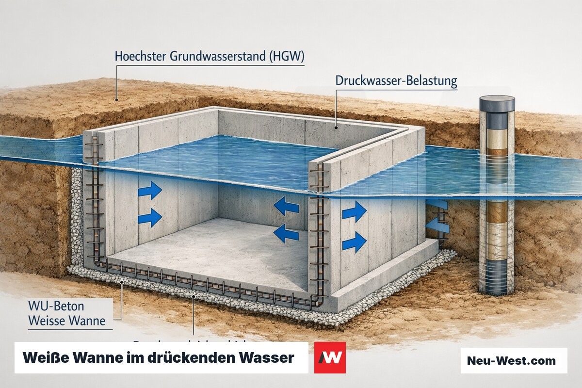 Querschnitt: wasserdichte Weiße Wanne aus WU-Beton im drückenden Grundwasser mit HGW-Linie und Druckausgleichsschicht statt abdichtender Drainage.