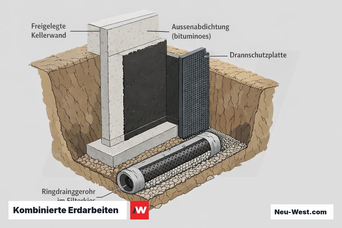 Querschnitt einer freigelegten Kellerwand mit paralleler Außenabdichtung, Ringdrainagerohr im Filterkies und Dränschutzplatte im Erdgraben.