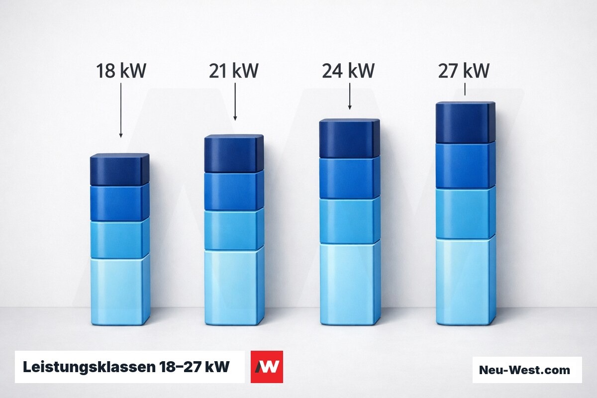 Leistungsklassen 18–27 kW: Warmwasserdurchfluss bei Δ25 / Δ30 / Δ35 °C – Erklär-Grafik (NEUWEST Berlin)