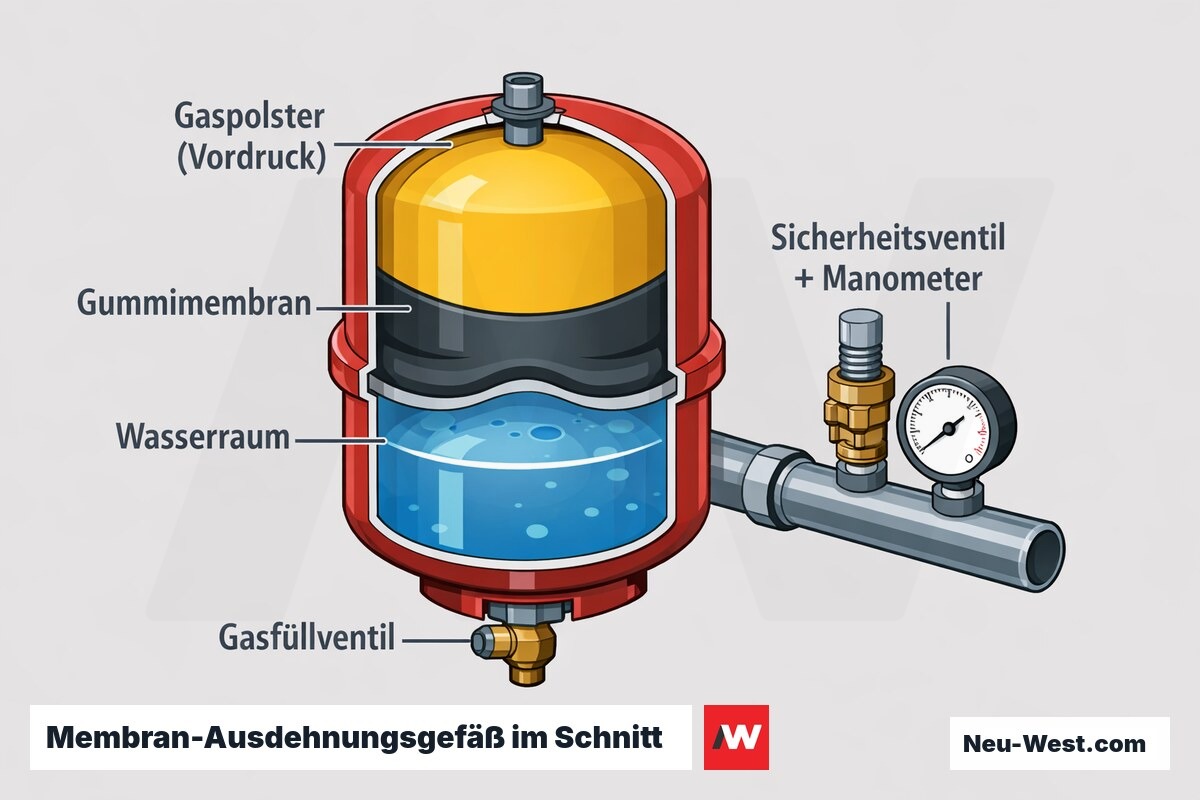 Schnittdarstellung eines Membran-Ausdehnungsgefäßes mit Gaspolster, Membran, Wasserraum sowie Sicherheitsventil und Manometer am Heizungsrohr.