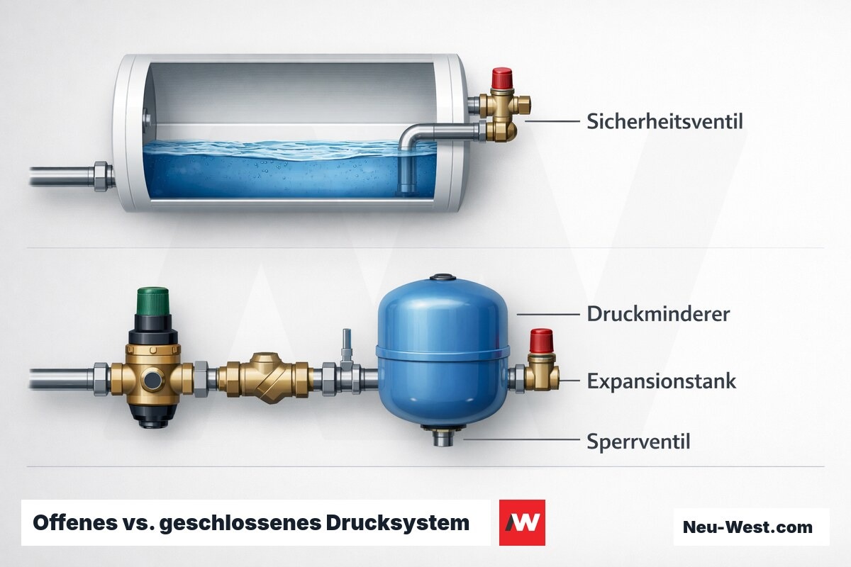 Offenes vs. geschlossenes Drucksystem: Pflichtbauteile im Installationsschema – Erklär-Grafik (NEUWEST Berlin)