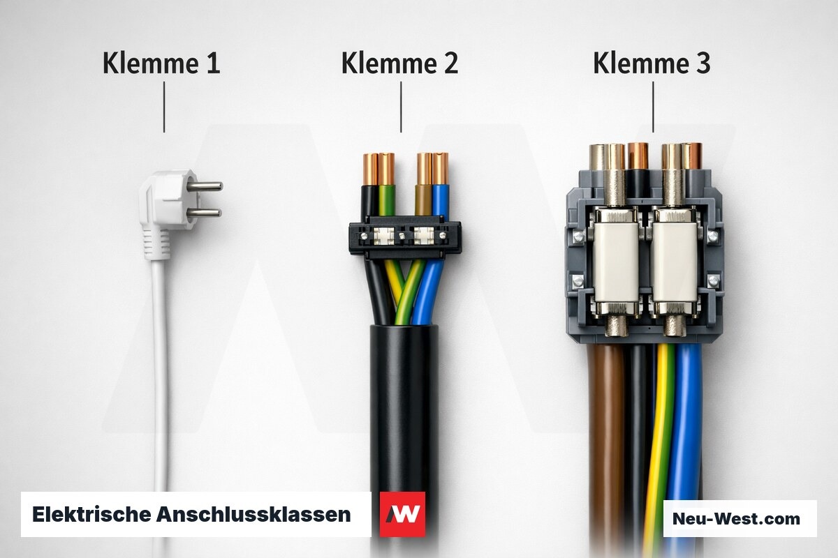 Elektrische Anschlussklassen: Klemme 1 / 2 / 3 im Vergleich für Elektroplaner – Erklär-Grafik (NEUWEST Berlin)