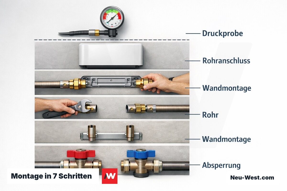 Montage in 7 Schritten: Prüfpunkte und Gewerke-Grenze Sanitär / Elektro – Erklär-Grafik (NEUWEST Berlin)