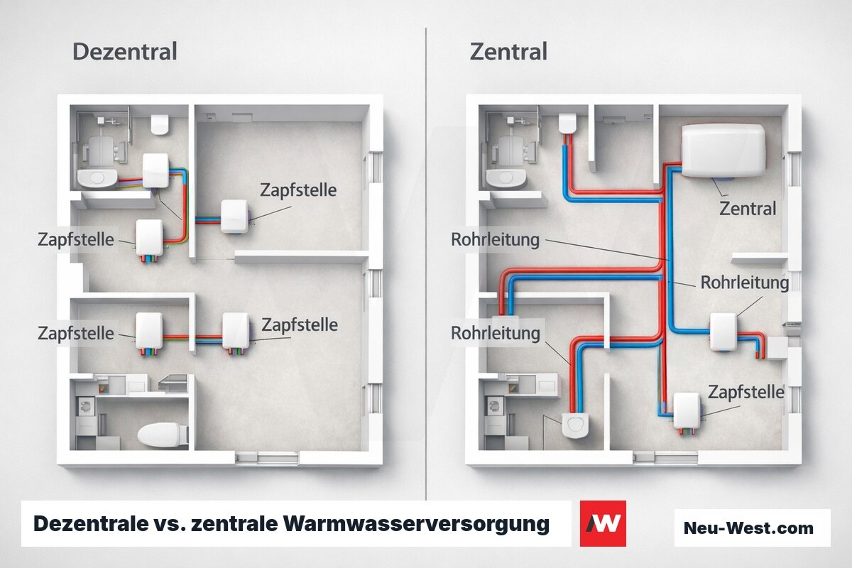 Dezentrale vs. zentrale Warmwasserversorgung: Rohrlängen und Wärmeverluste im Grundriss – Erklär-Grafik (NEUWEST Berlin)