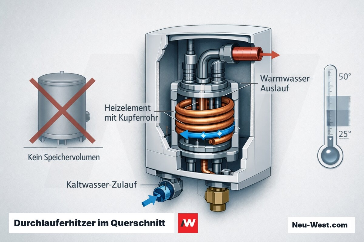Querschnitt eines Durchlauferhitzers: Wasser fließt in Sekunden durch das Heizelement, kein stehendes Warmwasservolumen als Legionellen-Wachstumszone.