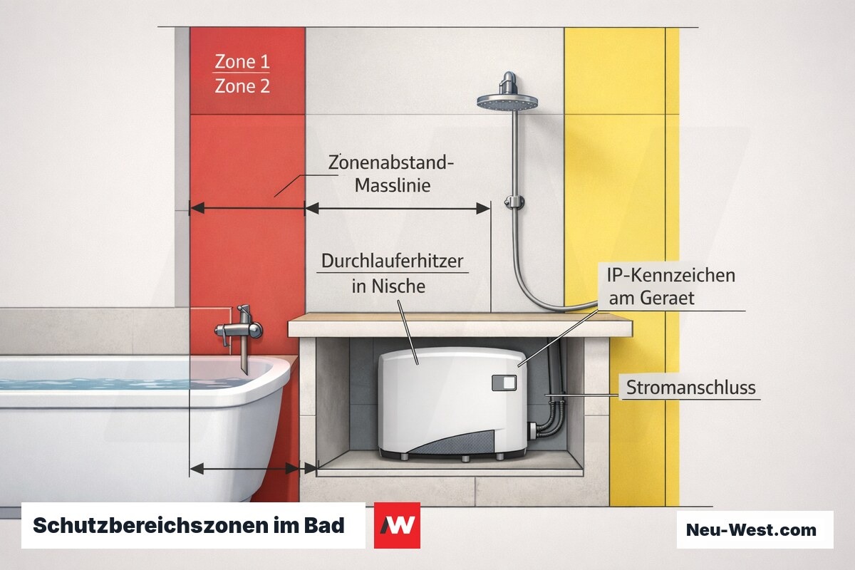 Badezimmer-Querschnitt mit farbigen Schutzbereichszonen, Durchlauferhitzer im Nischeneinbau, IP-Kennzeichen und Zonenabstand-Maßlinien nach DIN VDE 0100-701.