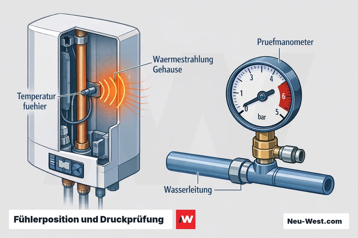 Querschnitt eines Warmwassergeräts mit Temperaturfühler, Wärmestrahlung des Gehäuses und angeschlossenem Prüfmanometer für die Druckprobe nach DIN EN 806-4