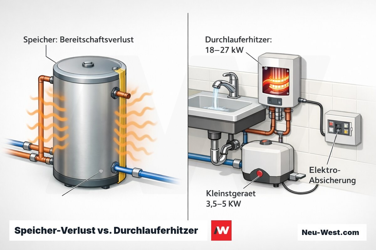 Vergleichs-Cutaway: Warmwasserspeicher mit Bereitschaftsverlust gegenüber bedarfsgenauem Durchlauferhitzer und Kleinstgerät mit Elektro-Absicherung.