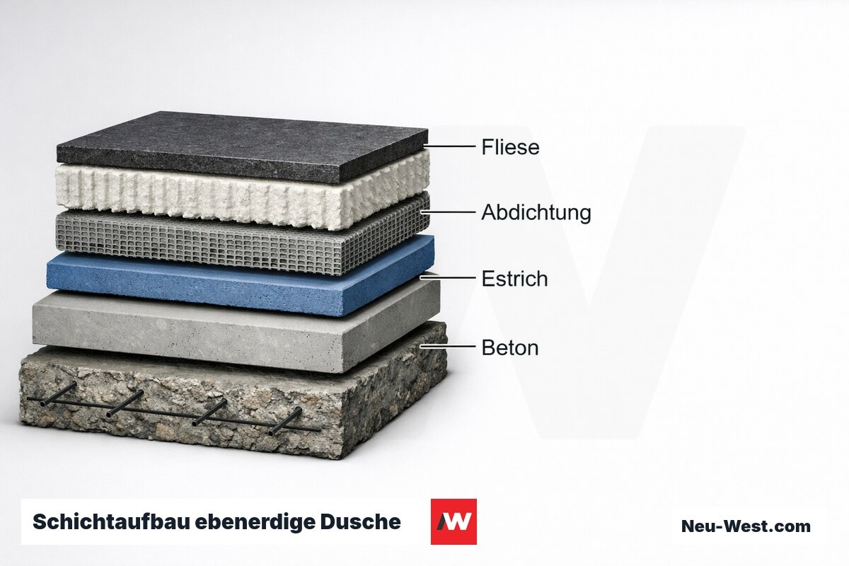 Schichtaufbau ebenerdige Dusche – Aufbauhöhe und Schichtdicken – Erklär-Grafik (NEUWEST Berlin)