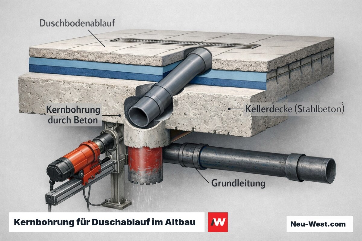 Querschnitt Duschboden Altbau: Bodenablauf führt durch Kernbohrung in der Stahlbeton-Kellerdecke zur Grundleitung darunter.