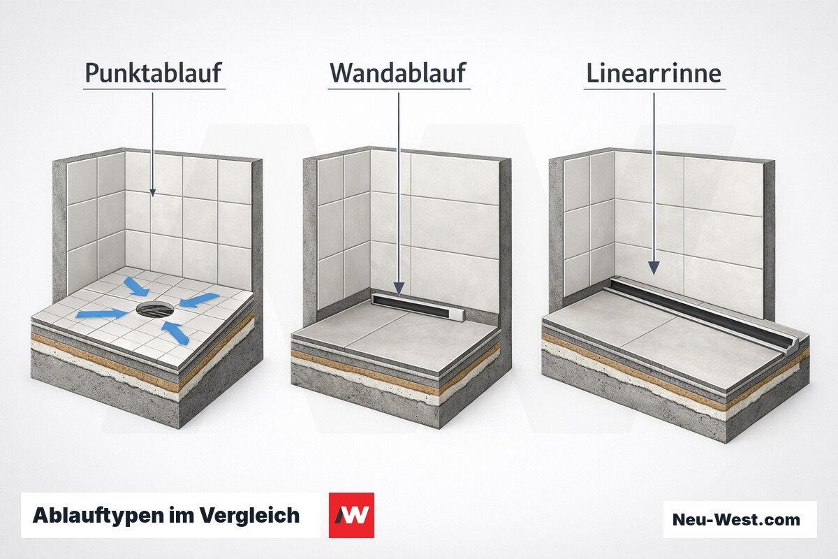 Ablauftypen im Vergleich: Punktablauf, Wandablauf, Linearrinne – Erklär-Grafik (NEUWEST Berlin)