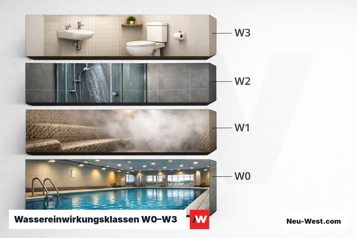 Wassereinwirkungsklassen W0–W3 nach DIN 18534 – Erklär-Grafik (NEUWEST Berlin)