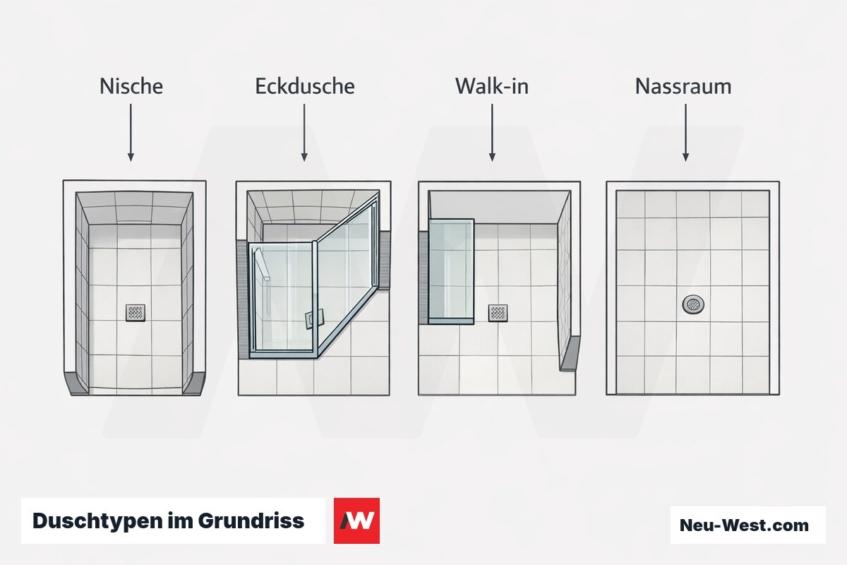 Duschtypen im Grundriss: Mindestmasse und Einbautiefe – Erklär-Grafik (NEUWEST Berlin)