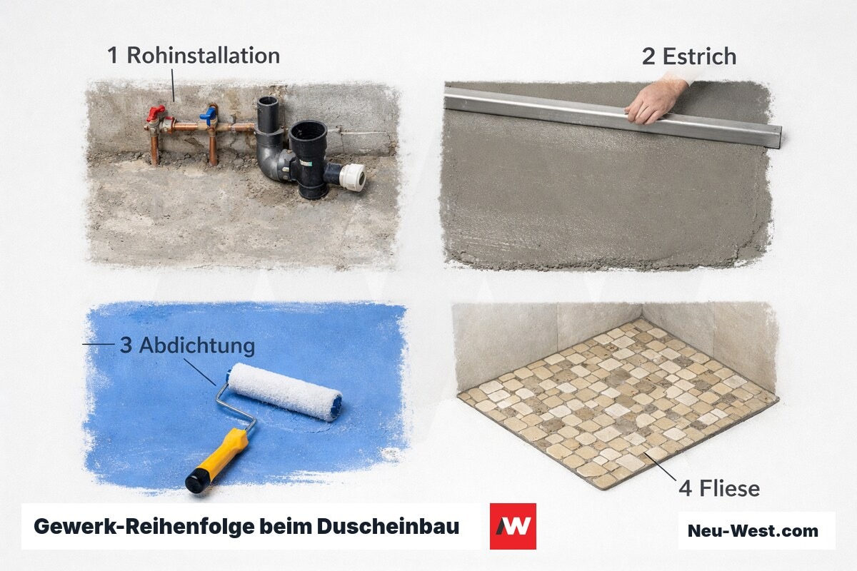 Gewerk-Reihenfolge beim Duscheinbau – Phasen und Sperrfristen – Erklär-Grafik (NEUWEST Berlin)