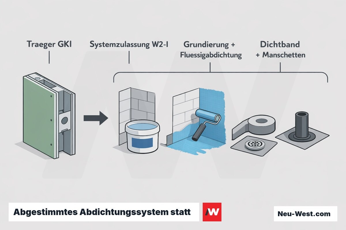Erklär-Grafik: GKI-Träger und dazu passendes zugelassenes Abdichtungssystem aus Grundierung, Flüssigabdichtung, Dichtband und Manschetten nach DIN 18534 W2-I.