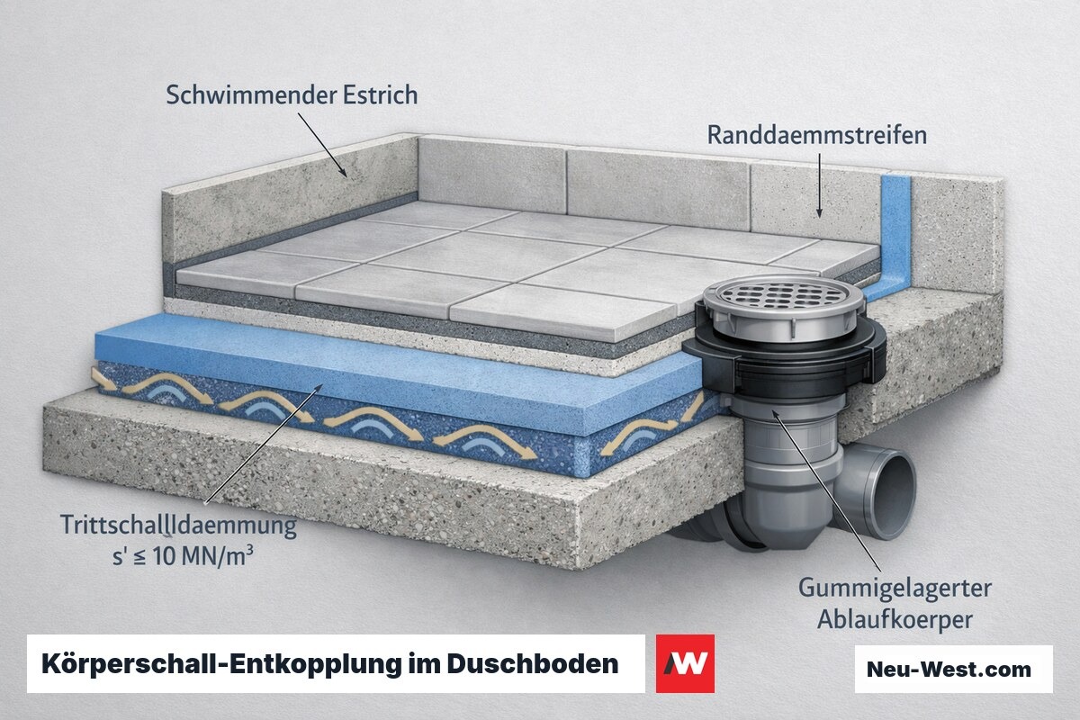 Querschnitt Duschboden: schwimmender Estrich auf Trittschalldämmung, Randdämmstreifen und gummigelagerter Ablaufkörper zur Körperschall-Entkopplung.