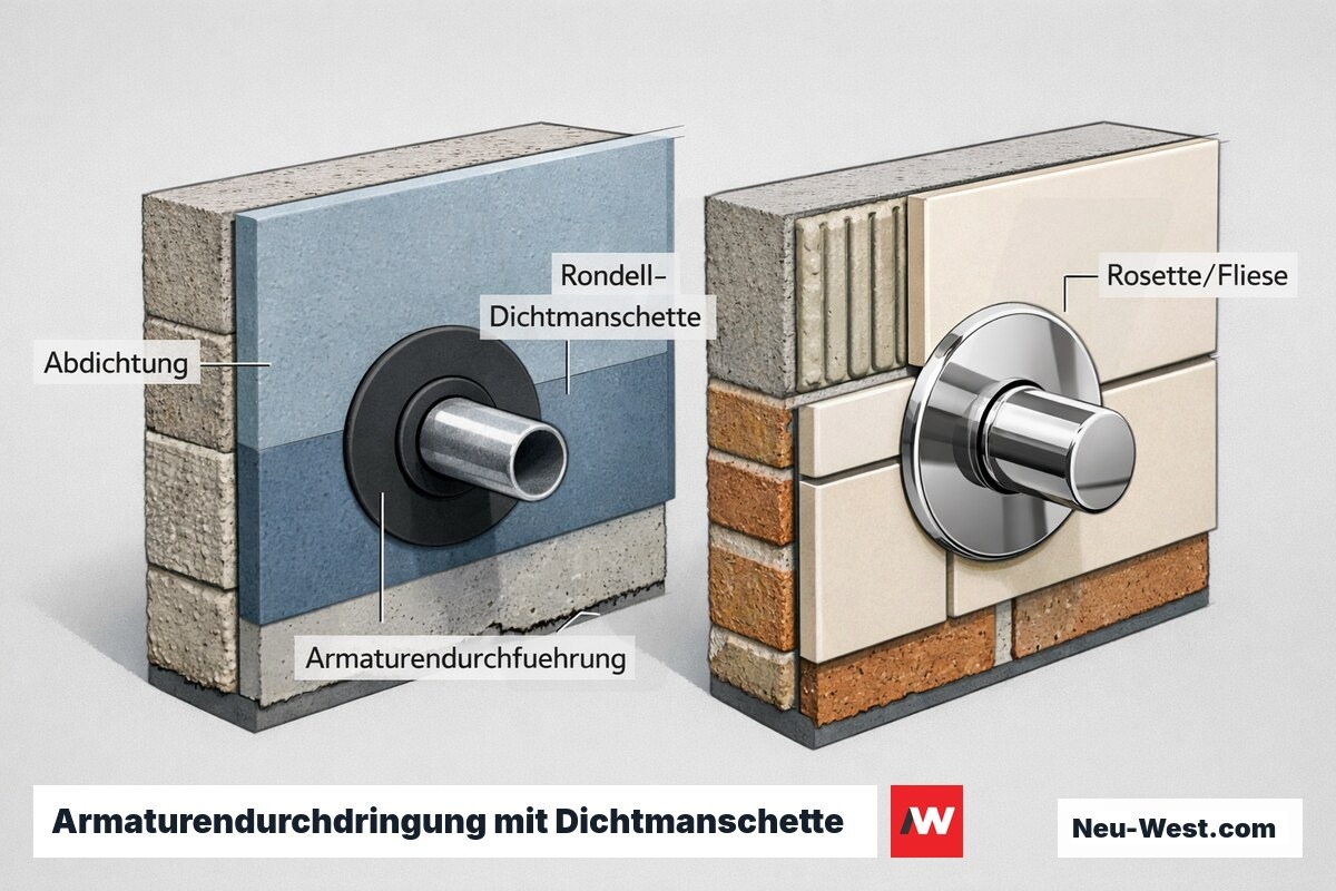 Querschnitt einer Armaturendurchdringung durch die Wandabdichtung mit systemkonform eingebetteter Rondell-Dichtmanschette hinter Fliese und Rosette.