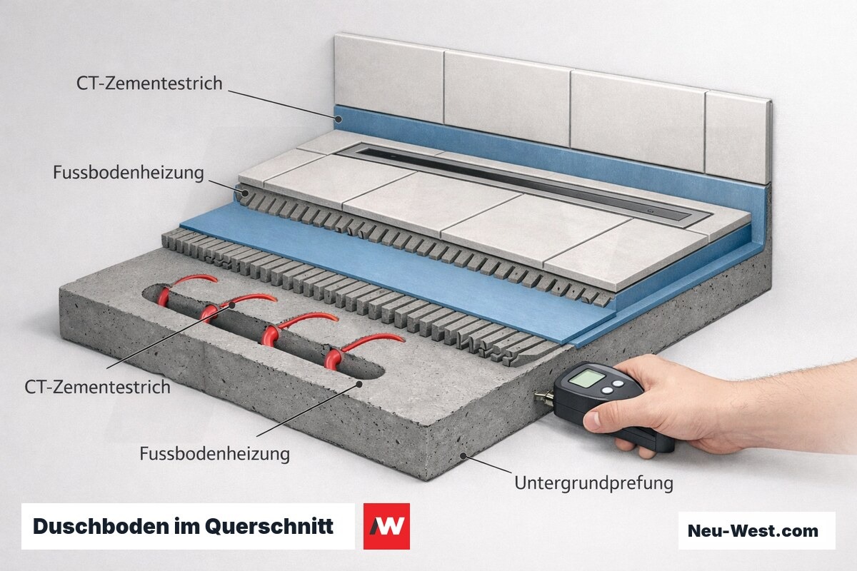 Querschnitt eines Duschbodens mit CT-Zementestrich, Fußbodenheizung, Verbundabdichtung, Fliesenbelag und Untergrundprüfung vor der Abdichtung.