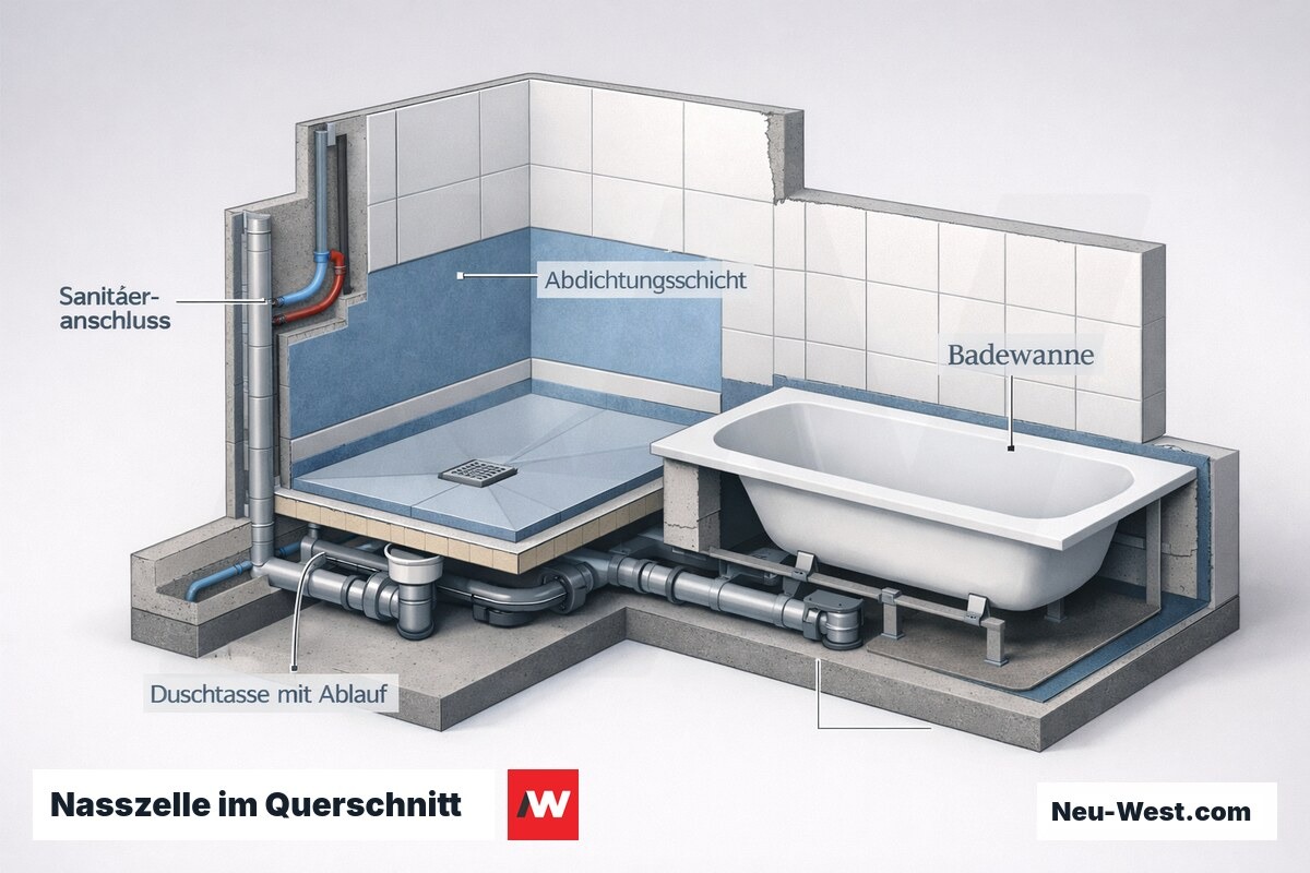 Querschnitt einer Nasszelle mit Dusche, Badewanne, Abdichtung, Bodenablauf und Sanitäranschluss an die vorhandene Haustechnik.
