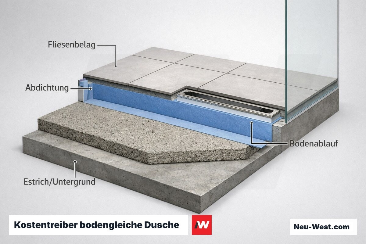 Querschnitt einer bodengleichen Dusche mit Untergrund, Abdichtung, Bodenablauf und Fliesenbelag als zentrale Kostentreiber beim Einbau.