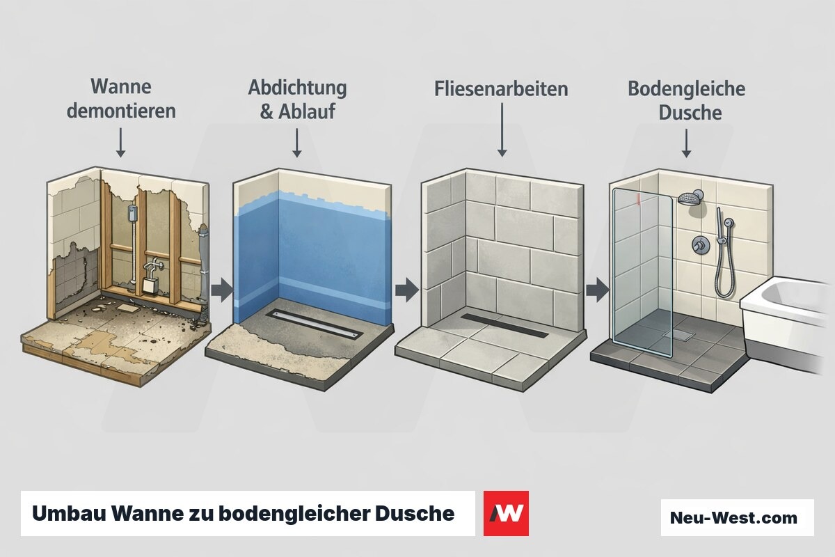 Prozess-Sequenz in vier Schritten: alte Wanne demontieren, Abdichtung mit Bodenablauf, Fliesenarbeiten, fertige bodengleiche Dusche.