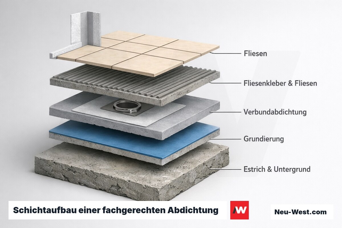 Schichtaufbau eines abgedichteten Duschbodens: Estrich, Grundierung, Verbundabdichtung mit Ablaufmanschette und Wandanschluss, Fliesenkleber und Fliesen.