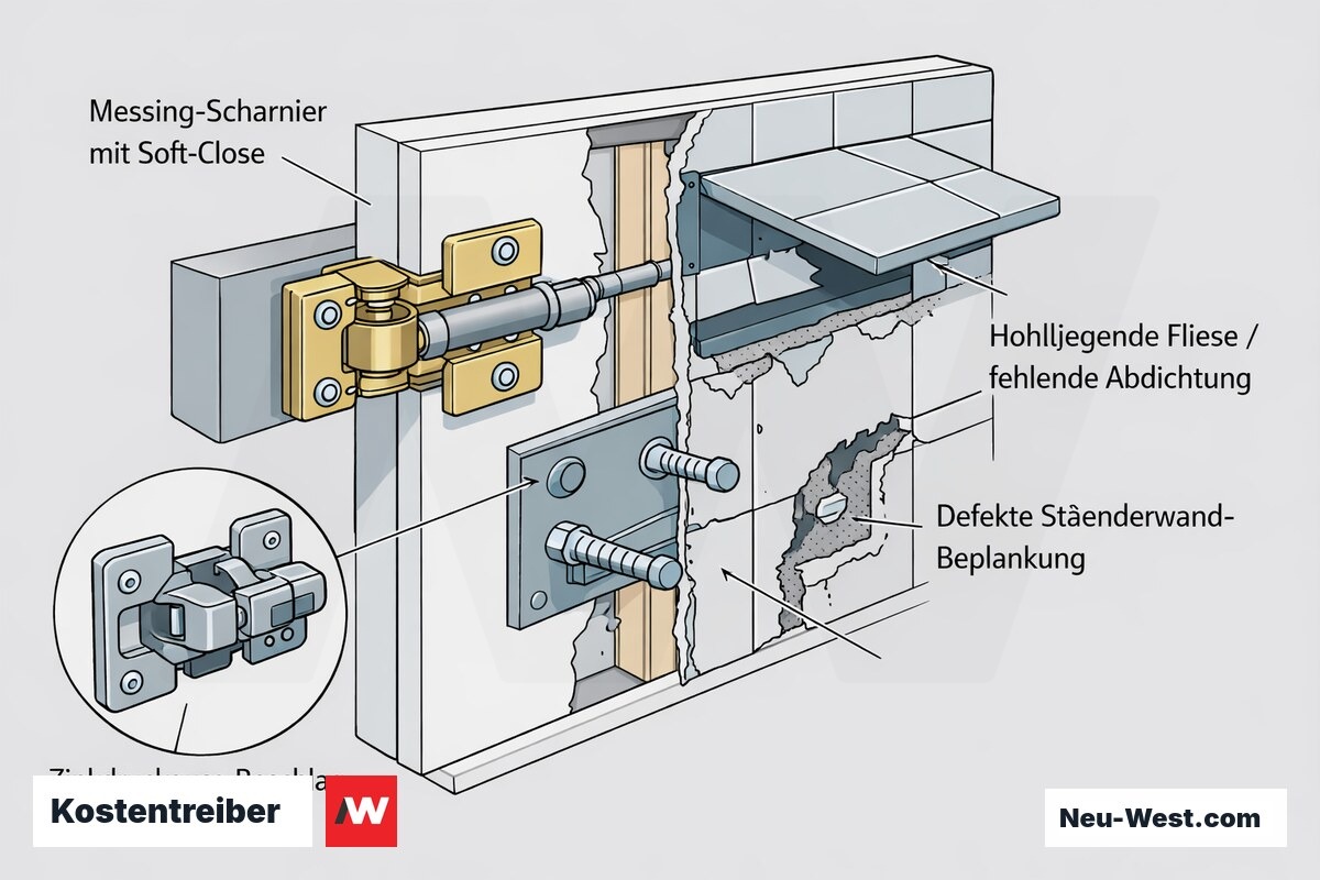 Schnittdarstellung eines Wandbeschlags: Messing-Soft-Close-Scharnier gegen Zinkdruckguss, dahinter defekte Ständerwand, fehlende Abdichtung und hohlliegende Fliesen.