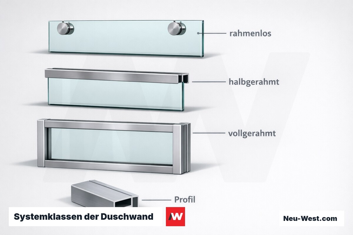 Systemklassen der Duschwand — Konstruktions-Querschnitt – Erklär-Grafik (NEUWEST Berlin)