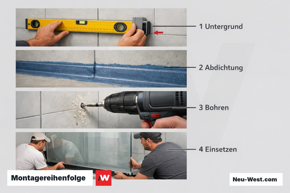 Montagereihenfolge — Duschwand-Einbau Schritt für Schritt – Erklär-Grafik (NEUWEST Berlin)