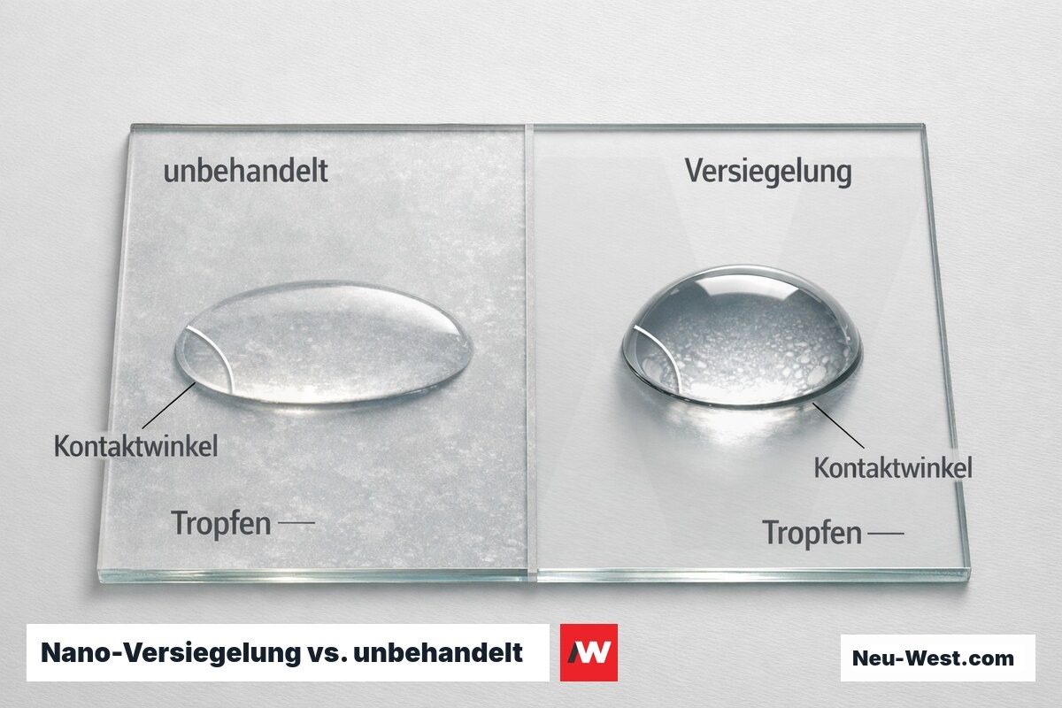 Nano-Versiegelung vs. unbehandelt — Kontaktwinkel und Haftverhalten – Erklär-Grafik (NEUWEST Berlin)
