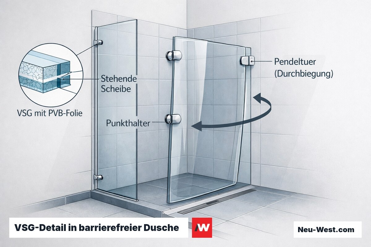 Cutaway barrierefreie Dusche: stehende VSG-Scheibe mit Punkthaltern, ein Meter breite Pendeltür und Detailschnitt der PVB-Verbundfolie.