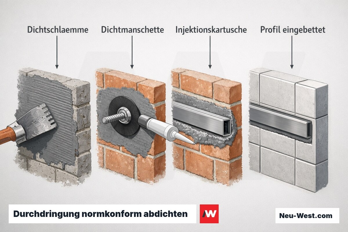 Prozessgrafik: normkonforme Abdichtung der Schienen-Befestigung nach DIN 18534 mit Dichtmanschette und Einbettung des Profils in frische Dichtschlämme.