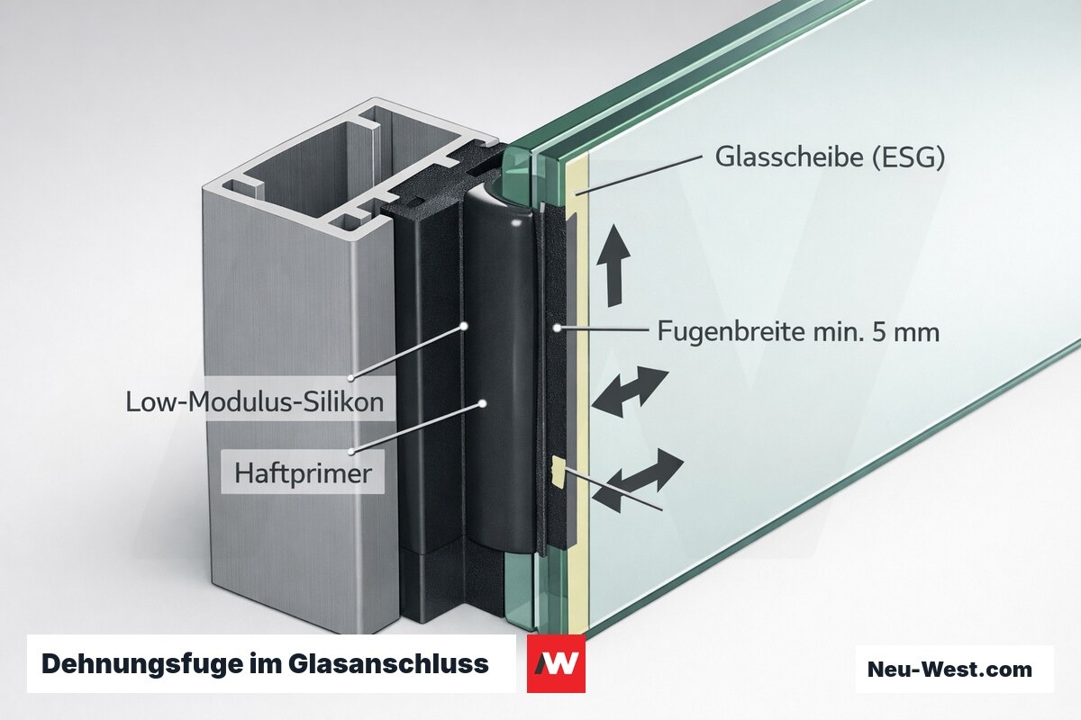 Querschnitt einer Silikon-Dehnungsfuge zwischen ESG-Glas und Aluprofil mit Haftprimer und thermischen Bewegungspfeilen.