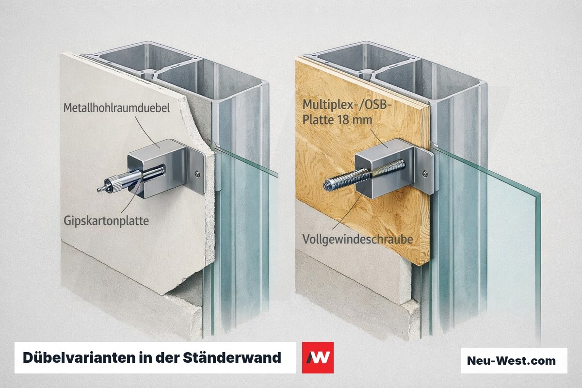 Querschnitt einer Ständerwand: Metallhohlraumdübel im Gipskarton neben rückseitiger OSB-Platte mit Vollgewindeschraube für Duschwand-Befestigung.