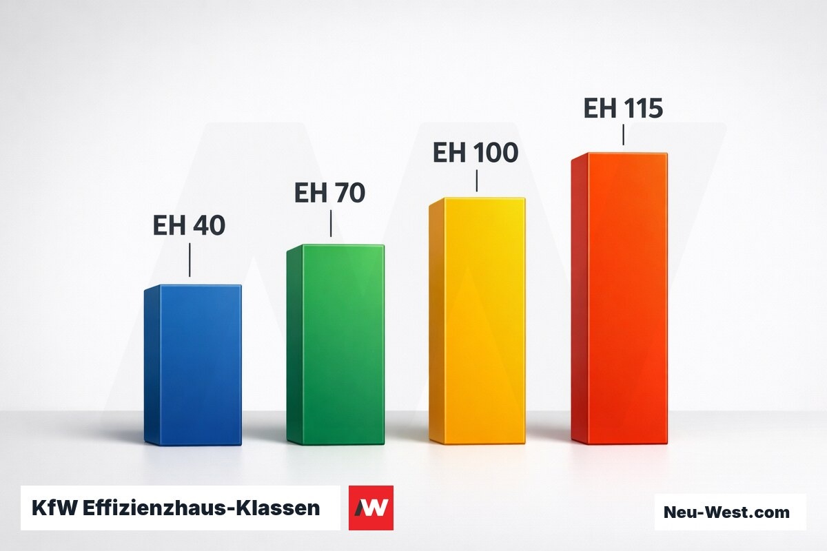 KfW Effizienzhaus-Klassen: Primärenergiebedarf als Prozentsatz des GEG-Referenzgebäudes – Erklär-Grafik (NEUWEST Berlin)