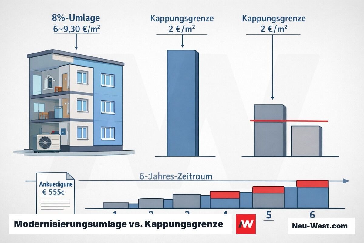 Diagramm: theoretische 8%-Modernisierungsumlage einer EH-Sanierung überschreitet die Berliner Kappungsgrenze von 2 €/m² über 6 Jahre