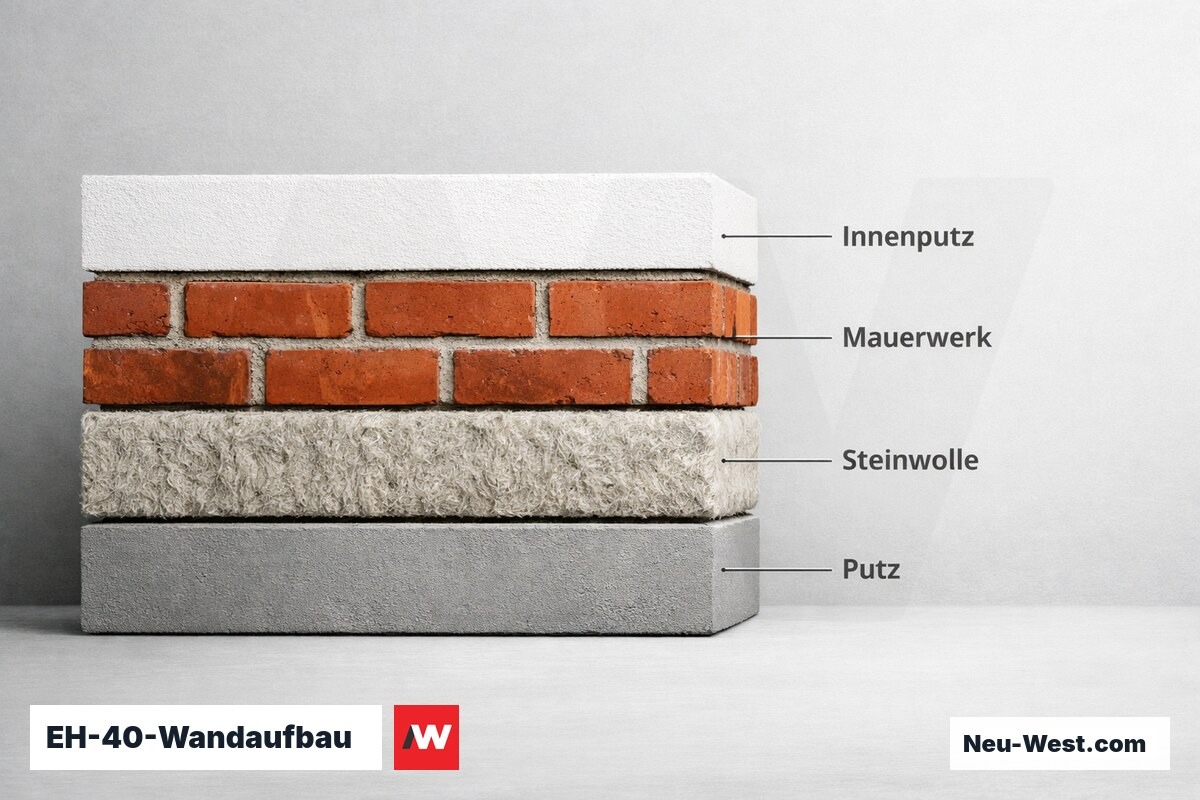 EH-40-Wandaufbau: WDVS-Schichtdiagramm mit Dämmstärke und resultierendem U-Wert – Erklär-Grafik (NEUWEST Berlin)