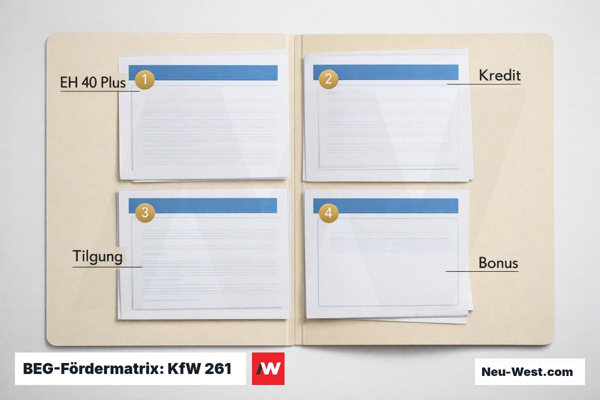 BEG-Fördermatrix: KfW 261 — Kredit und Tilgungszuschuss nach EH-Klasse – Erklär-Grafik (NEUWEST Berlin)