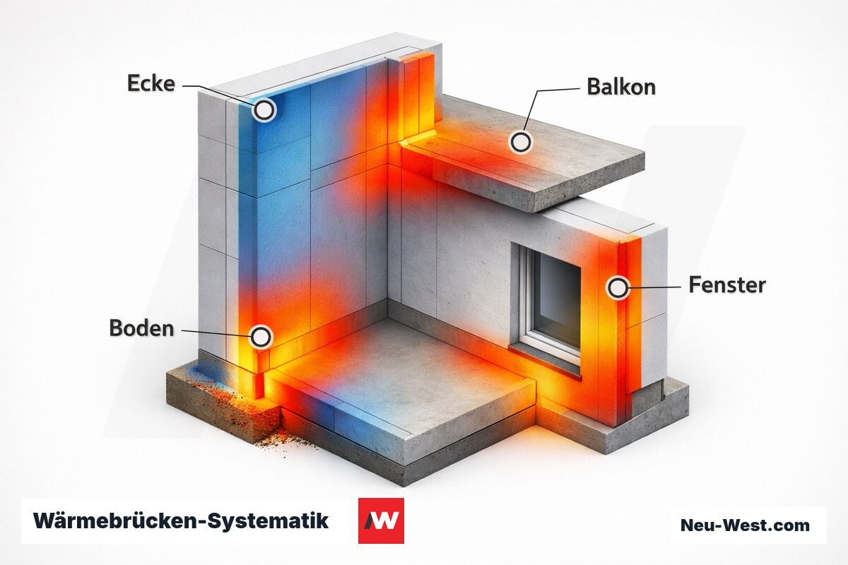 Wärmebrücken-Systematik: geometrische und konstruktive Typen nach GEG Anlage 1 – Erklär-Grafik (NEUWEST Berlin)