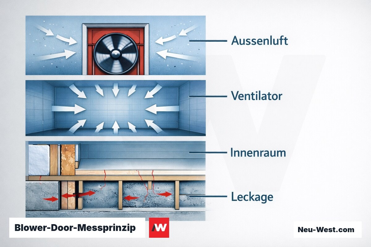 Blower-Door-Messprinzip: 50-Pa-Druckdifferenz-Verfahren nach DIN EN ISO 9972 – Erklär-Grafik (NEUWEST Berlin)