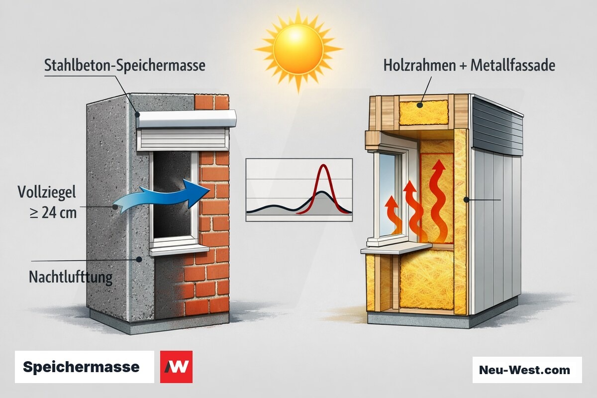 Querschnitt-Vergleich: Massivbauwand mit Betonspeichermasse glättet Hitzespitzen, Leichtbauwand mit Holzrahmen und Metallfassade überhitzt stärker.