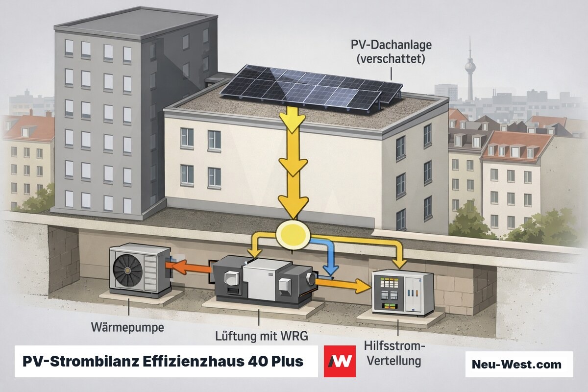 Gebäudequerschnitt: verschattete PV-Dachanlage deckt rechnerisch Jahresstrombedarf von Wärmepumpe, Lüftung und Hilfsstrom im Effizienzhaus 40 Plus.