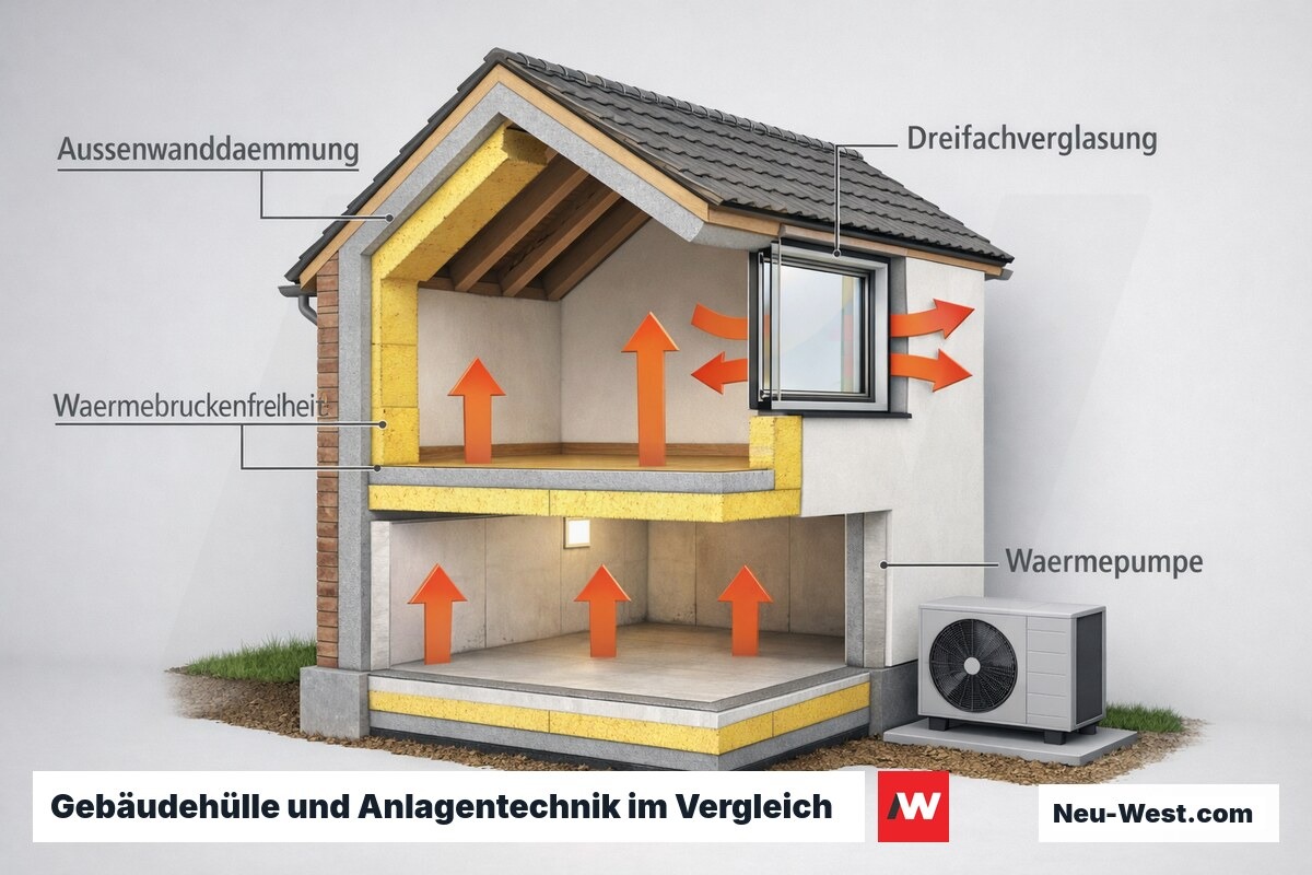 Querschnitt eines Effizienzhauses mit Dämmschichten, Dreifachfenstern und Wärmepumpe als Systemdarstellung