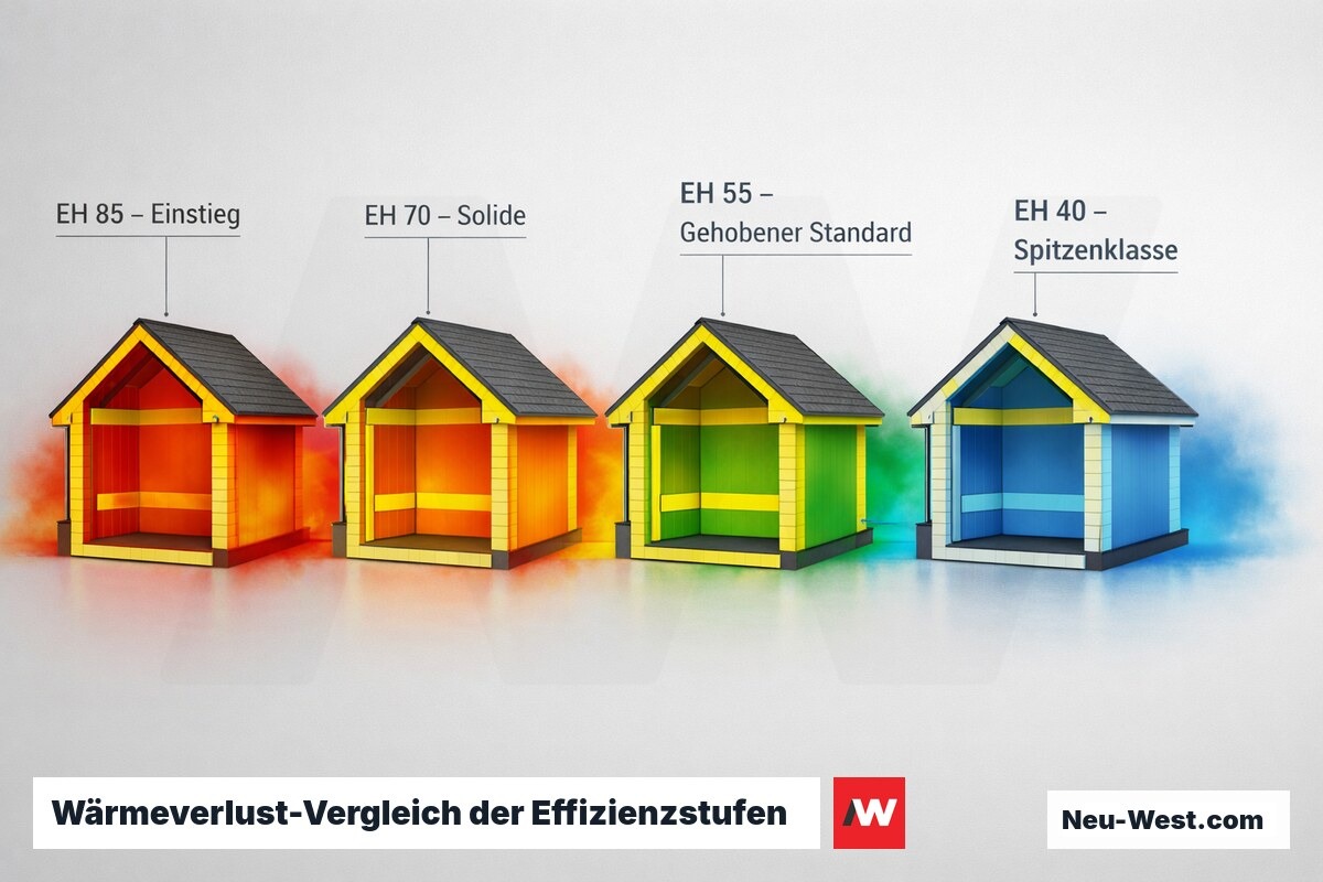 Vier Haushälfte nebeneinander mit Thermografie-Farbskala zeigen sinkenden Wärmeverlust von EH 85 bis EH 40
