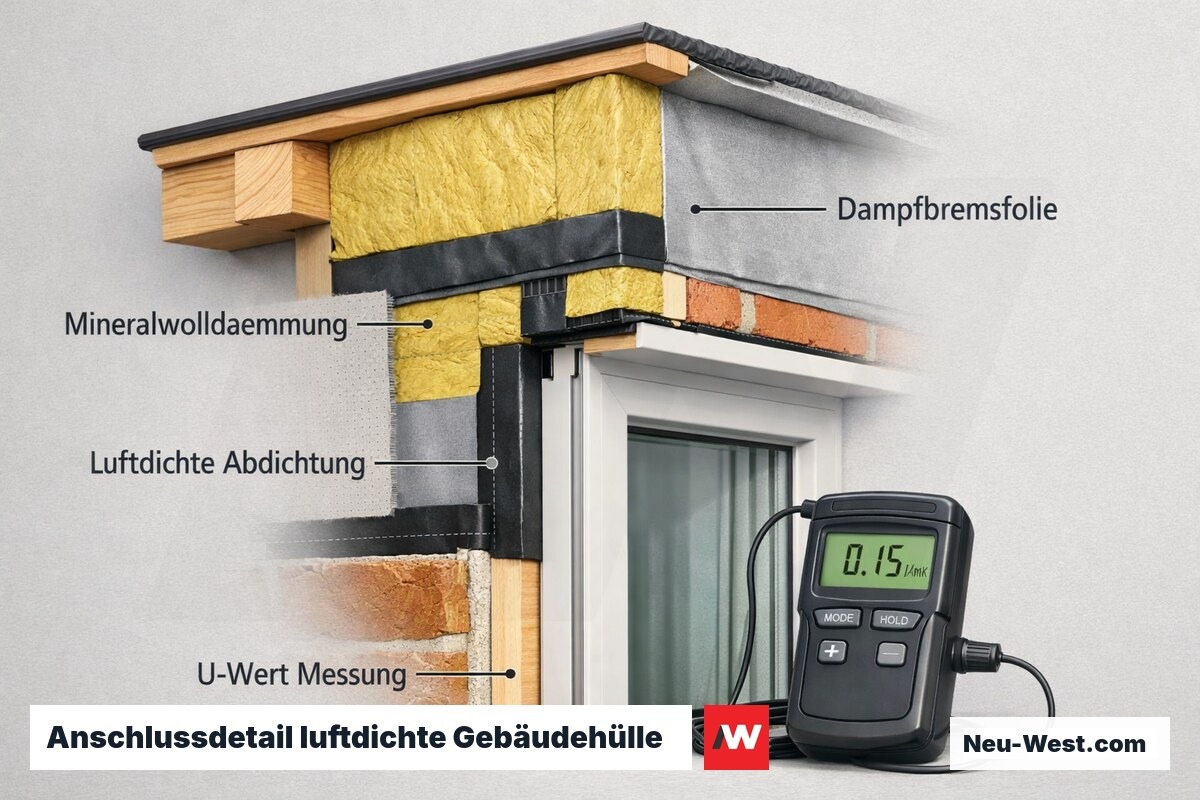 Detailschnitt Bauteilanschluss mit Dämmung, Dampfbremse und Luftdichtheitsebene für Effizienzhaus-Standard