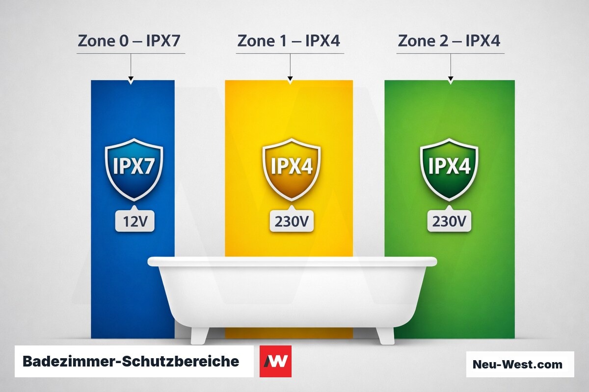 Badezimmer-Schutzbereiche nach DIN VDE 0100-701 – Erklär-Grafik (NEUWEST Berlin)