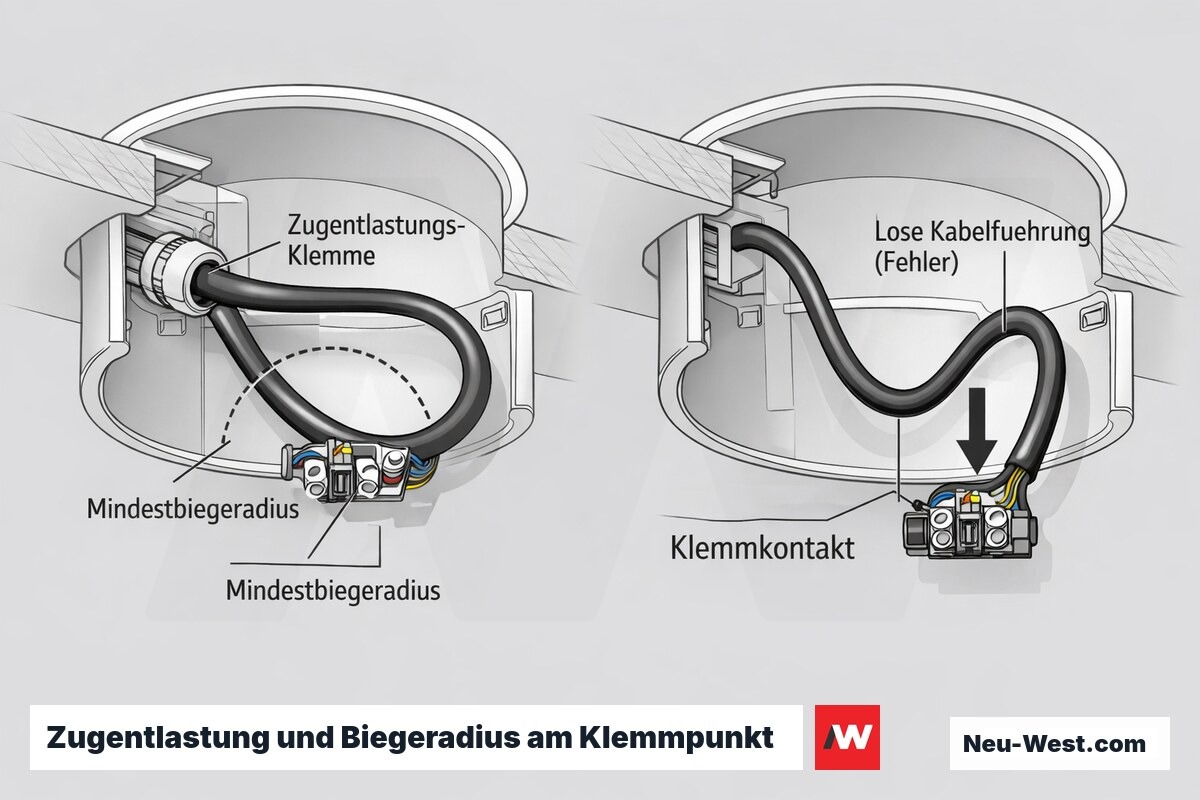 Cutaway einer Deckenleuchte: korrekte Zugentlastung mit Biegeradius am Klemmkontakt gegenüber losem Kabel ohne Entlastung.